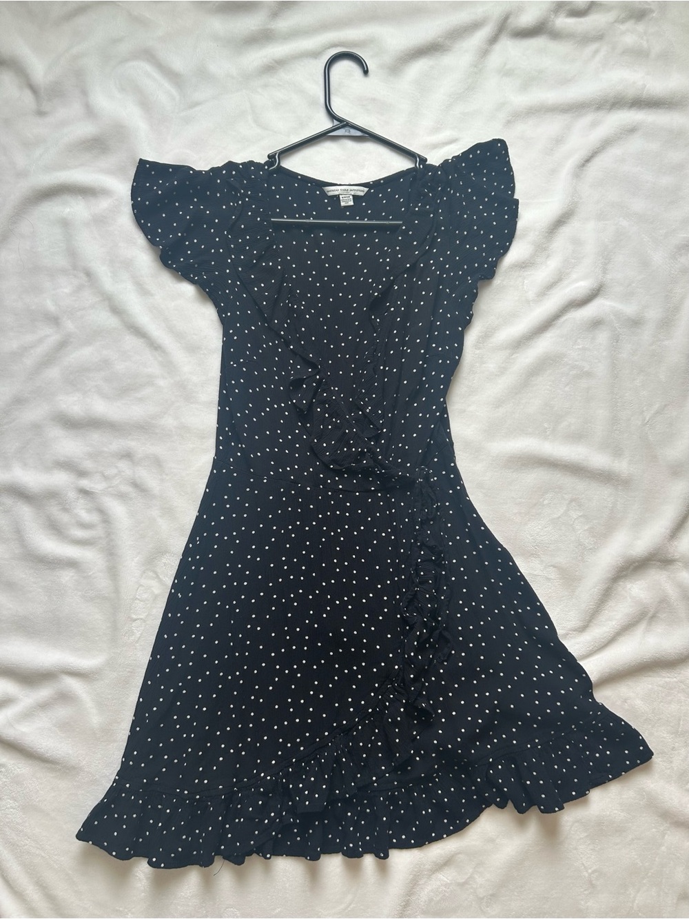 American eagle Black Polka Dot Ruffle Wrap Dress